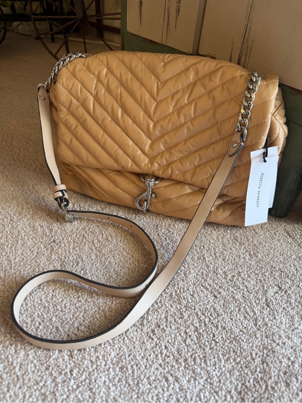 New Rebecca Minkoff Edie Nylon Jumbo Flap Shoulder Bag Nude Quilted